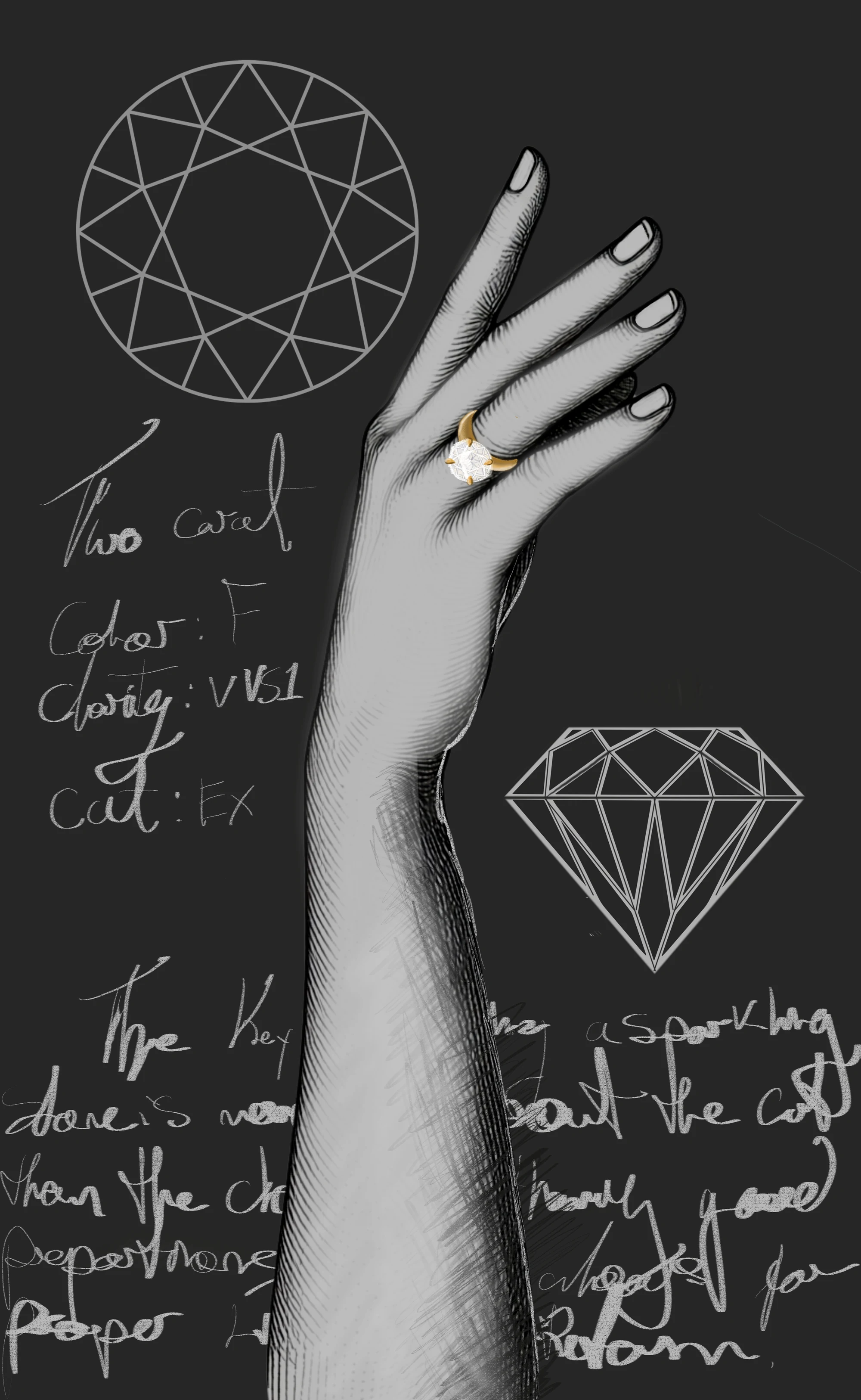 A design board showing grading notes for a two carat diamond written in Kat's hand beside an illustrated hand wearing a solitaire.