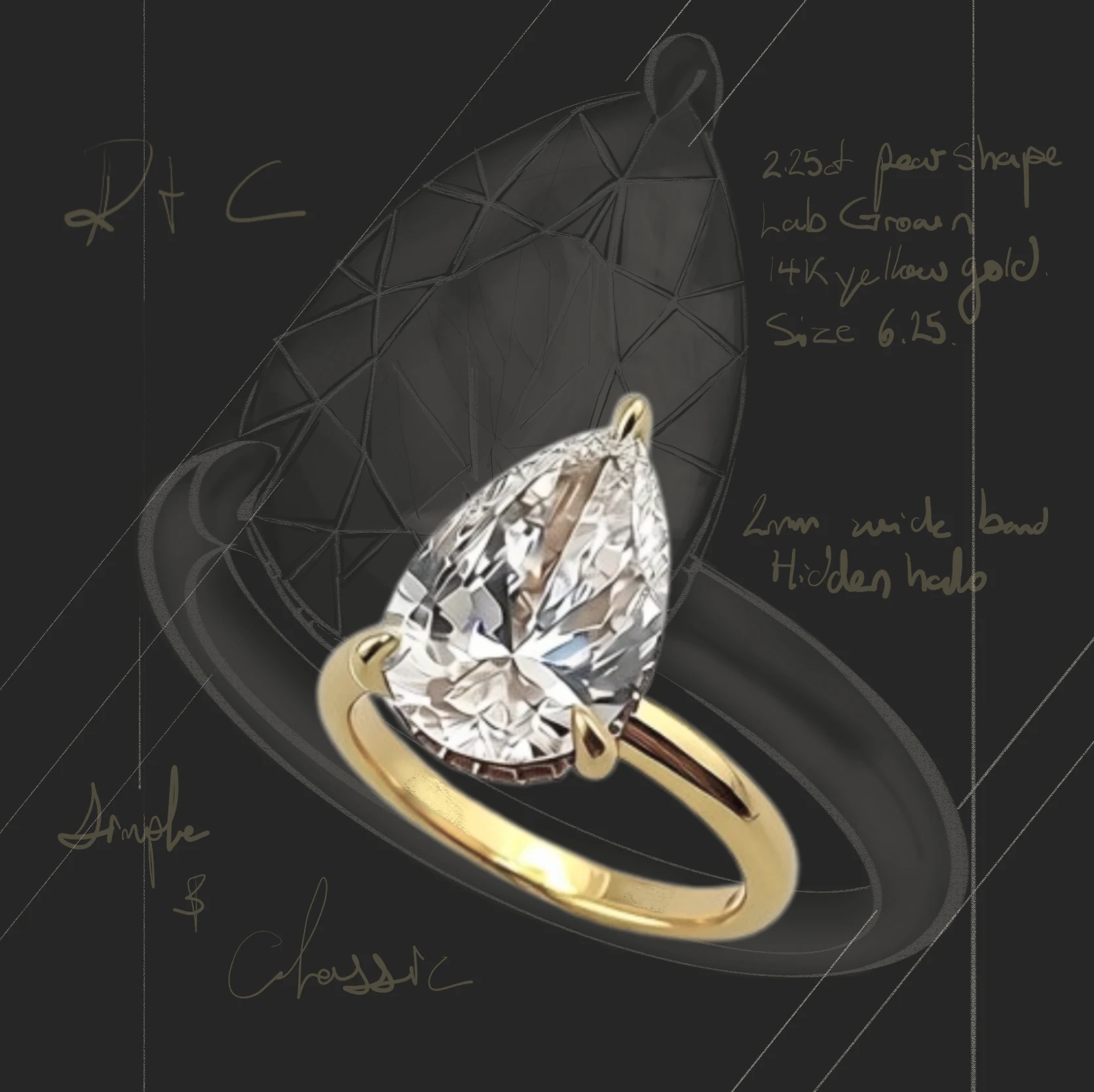 A design board for a pear cut solitaire in yellow gold, the rendering laid over Kat's pencil sketch of the same ring with her handwritten specifications.
