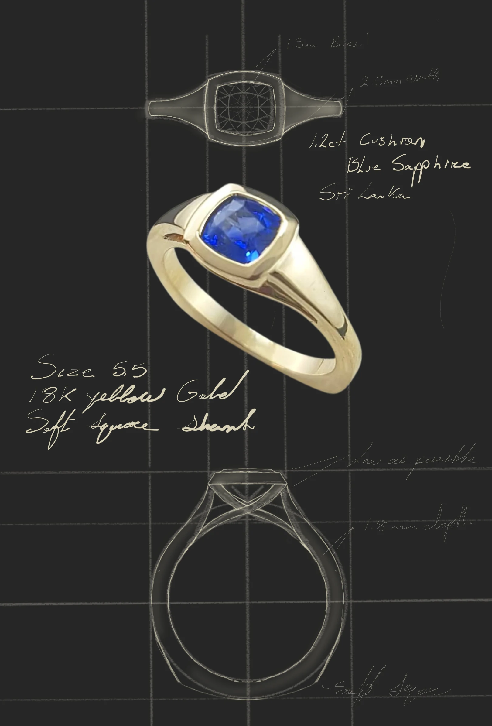 Kat's design board for a sapphire signet ring, showing a top view, a rendered three quarter view and an elevation, annotated in her handwriting with a 1.5mm bezel, 2.5mm width and 1.8mm depth.